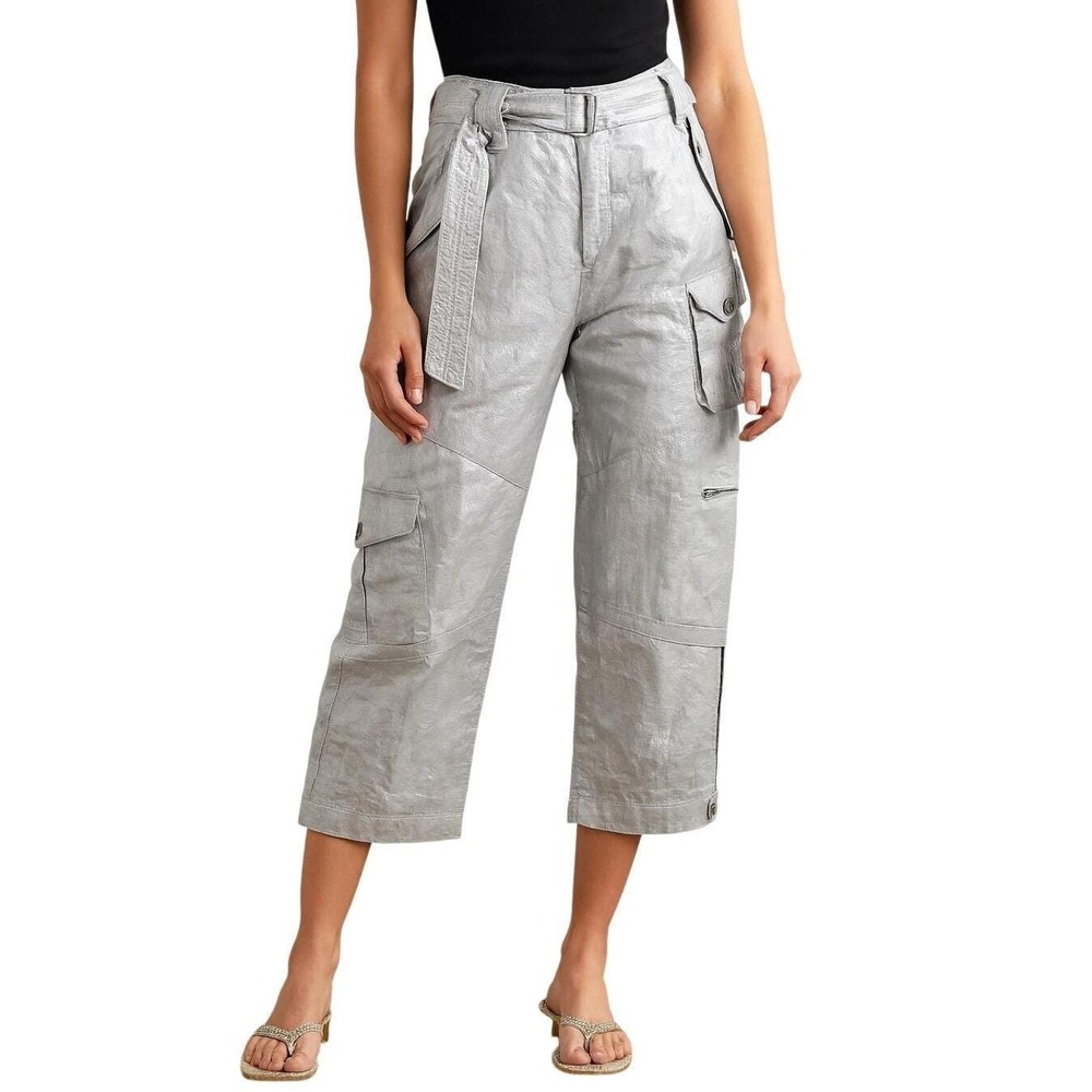 Y2k Polo Ralph Lauren 100% Linen Cargo Capri Pants Women 6 Silver Metallic Tan